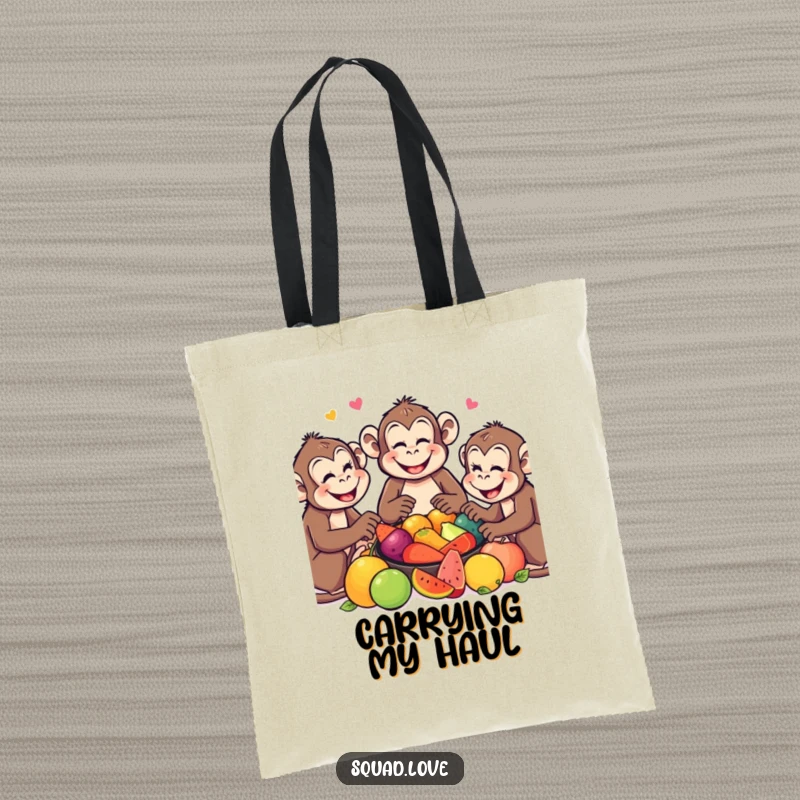 Funny Monkey Tote Bag: A cheerful group of monkeys shares a vibrant fruit feast, ready to carry your daily essentials.