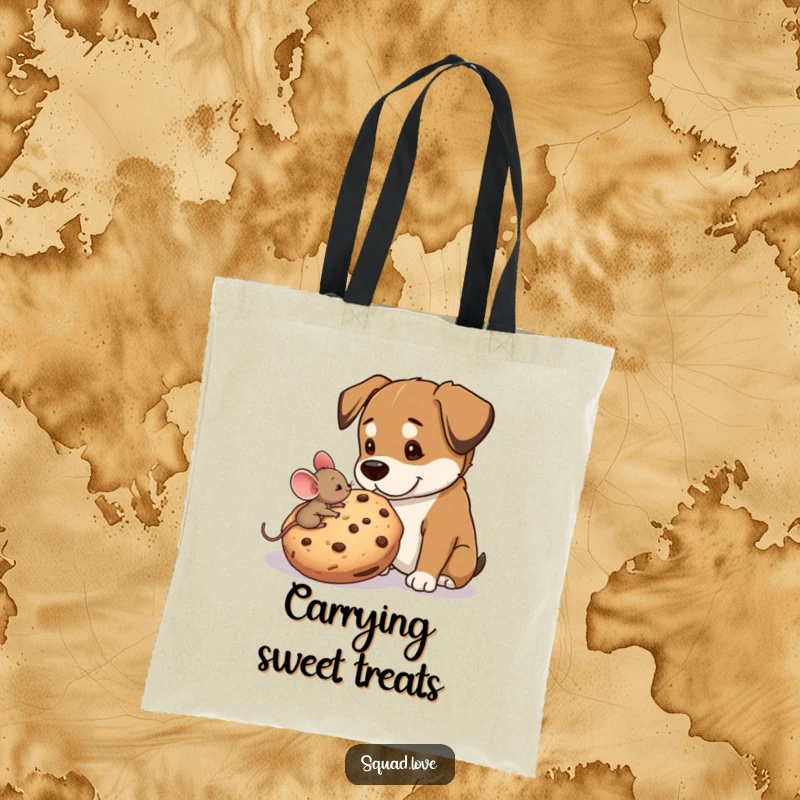 Funny tote bag with a tiny mouse sharing a huge cookie with a big dog, symbolizing friendship and shared joy.