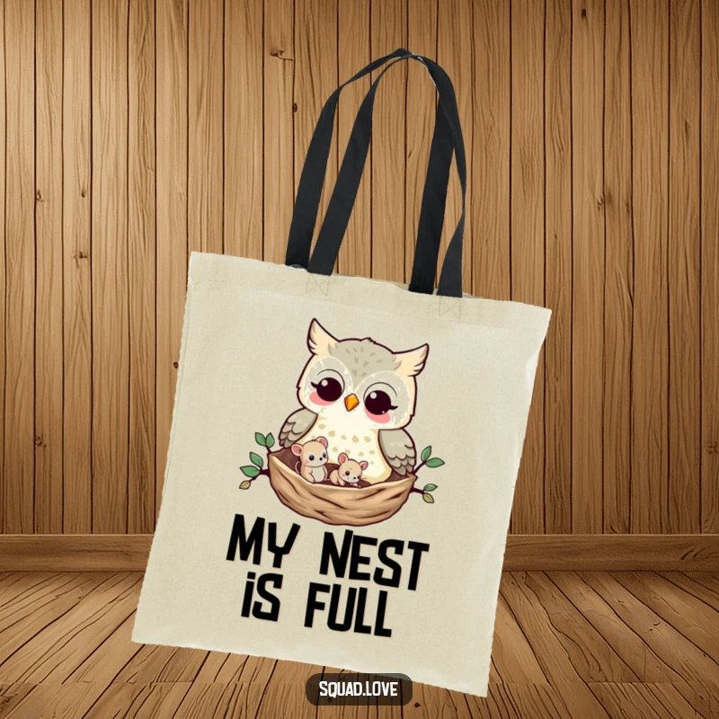 Funny Owl and Mouse Tote Bag: A playful owl and a small mouse share a cozy nest, a sweet and functional bag celebrating nature's unique friendships.