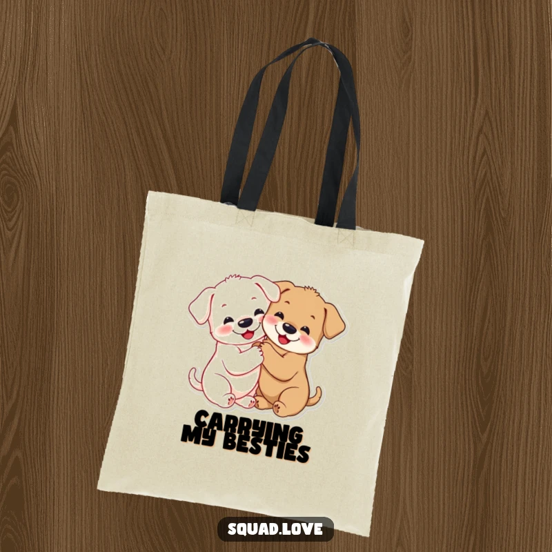 Funny puppy hug tote bag showcasing two smiling puppies hugging, their paws linked in an endearing, sweet manner.