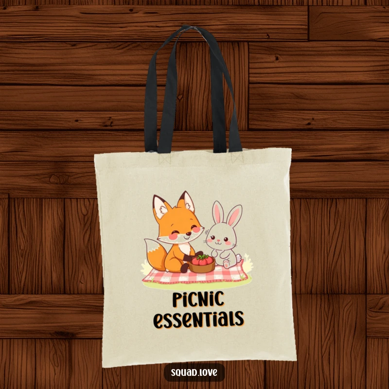 Funny tote bag showcasing a smiling fox and a friendly rabbit sharing a picnic, perfect for carrying essentials with woodland cheer.