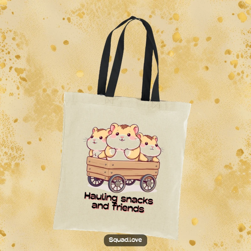 Funny tote bag illustrating a chubby hamster being transported in a wagon by a loyal group of supporting friends.