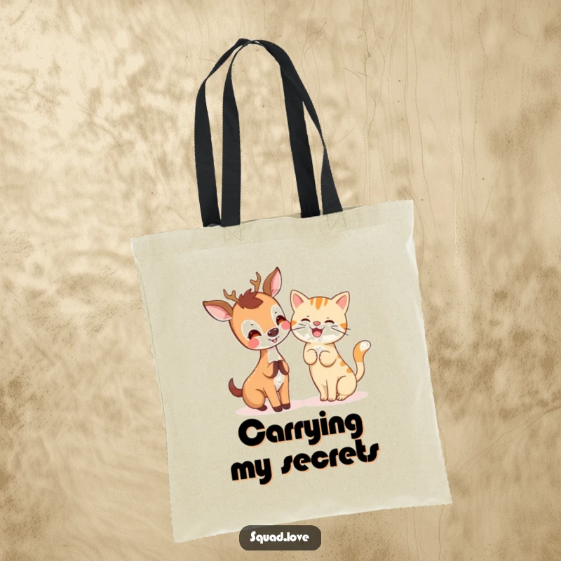 A joyful kawaii deer sharing a secret with a giggling cat, printed on a durable and stylish tote bag.