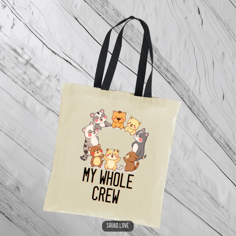 Funny tote bag with diverse animal friends in a laughing circle, holding hands, great for everyday use.