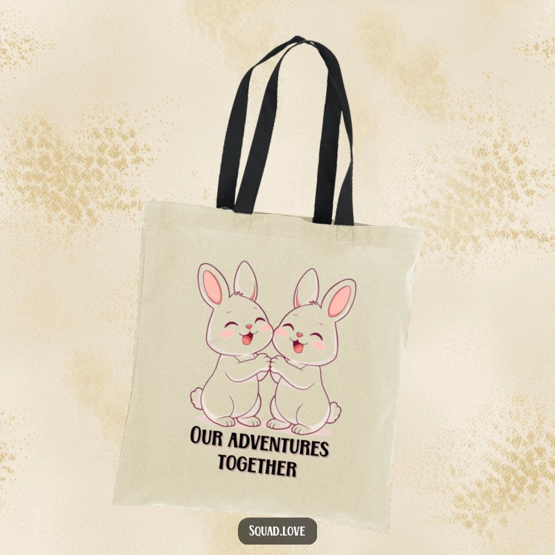 Funny tote bag with two adorable bunnies holding paws and giggling, a practical and humorous accessory for best friends.