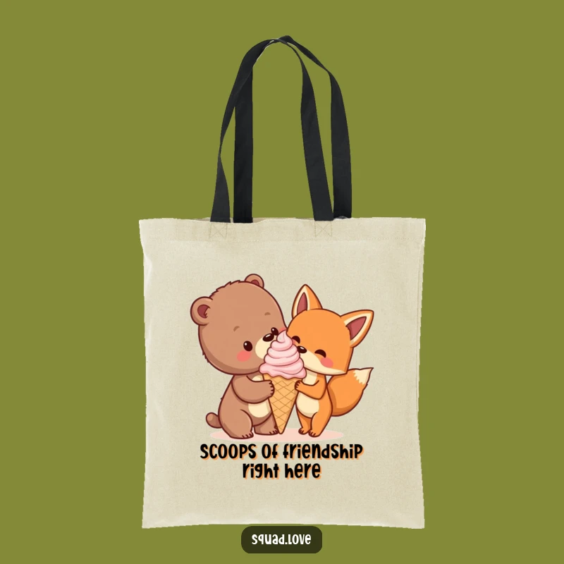 Funny Bear Cub & Fox Ice Cream Beach Tote, Adorable Grocery Bag Gift